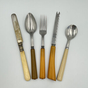 Vintage Bakelite Handle Flatware LOT Knife Fork Spoon Butterscotch Cream Brown
